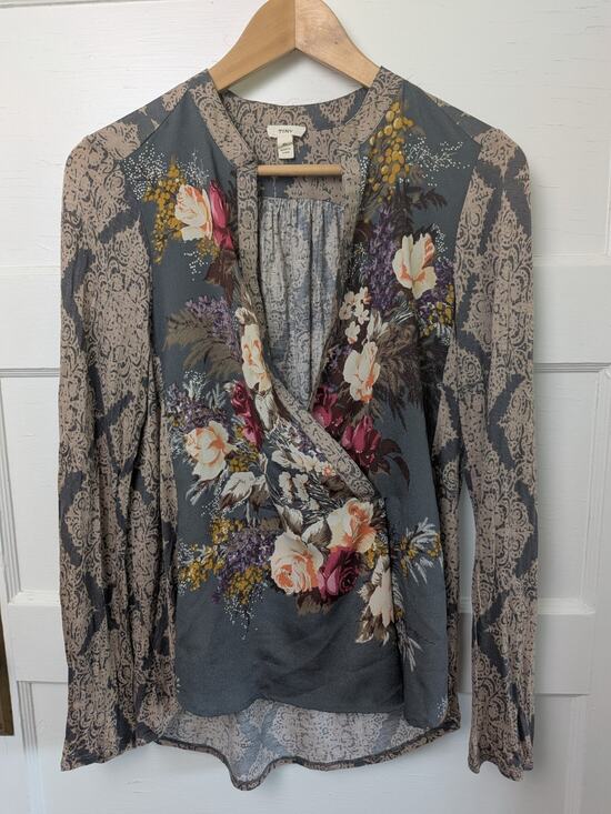 Anthropologie Tops - Tiny Anthropologie Floral Wrap Blouse Small Surplice Long Sleeve Gray